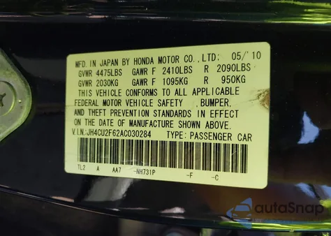 2010 Acura Tsx 2.4 from USA, damaged, VIN JH4CU2F62AC030284
